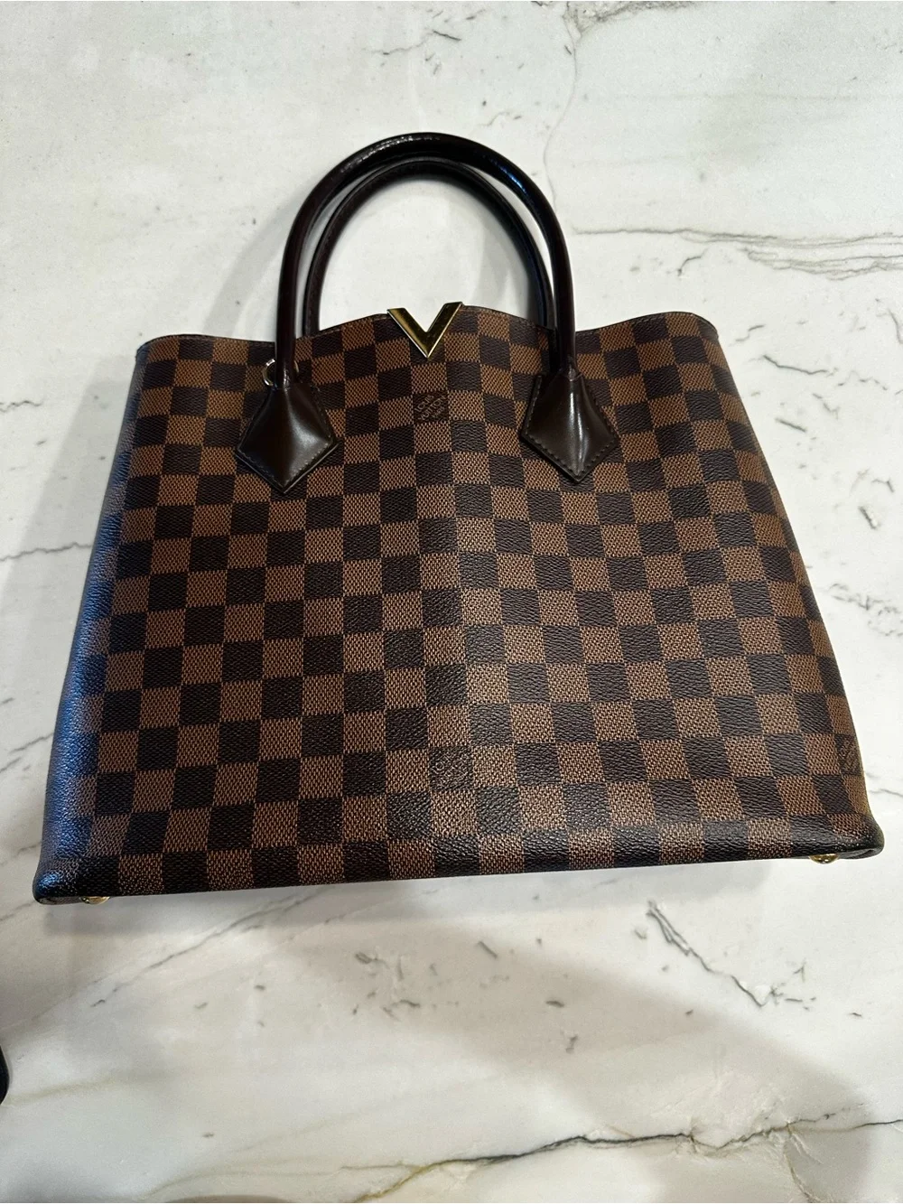 Louis Vuitton Brown Damier Ebene Kensington Canvas Tote with Gold V Detail